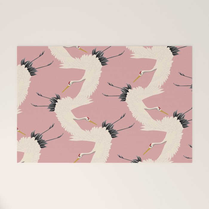 Pink Japanese Cranes Pattern Welcome Mat Gallery Image 1