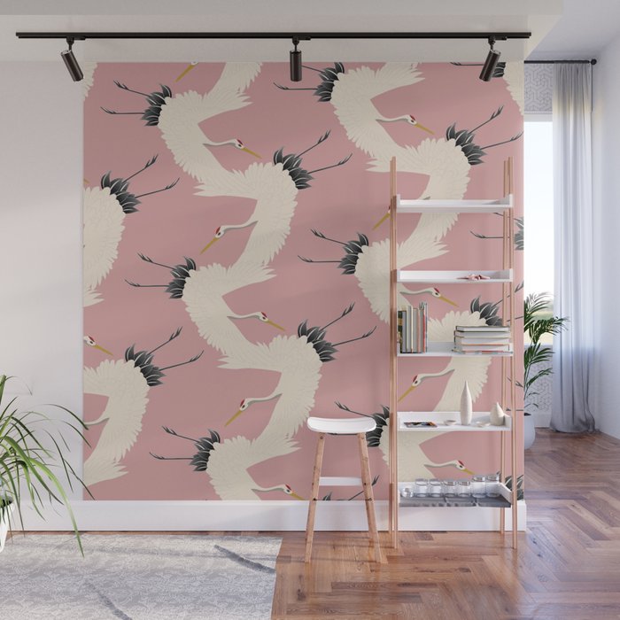 Pink Japanese Cranes Pattern Wall Mural Gallery Image 1