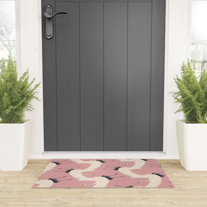 Pink Japanese Cranes Pattern Welcome Mat Gallery Image 3