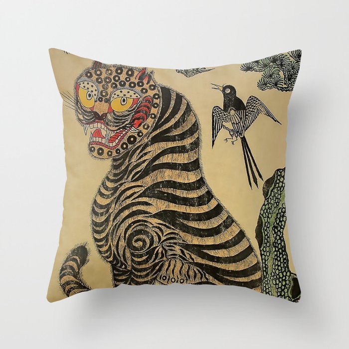 Striped Vintage Minhwa Tiger And Magpie Throw Pillow