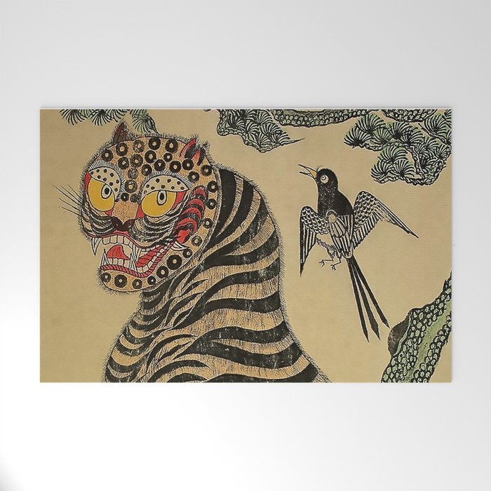 Striped Vintage Minhwa Tiger and Magpie Welcome Mat Gallery Image 1