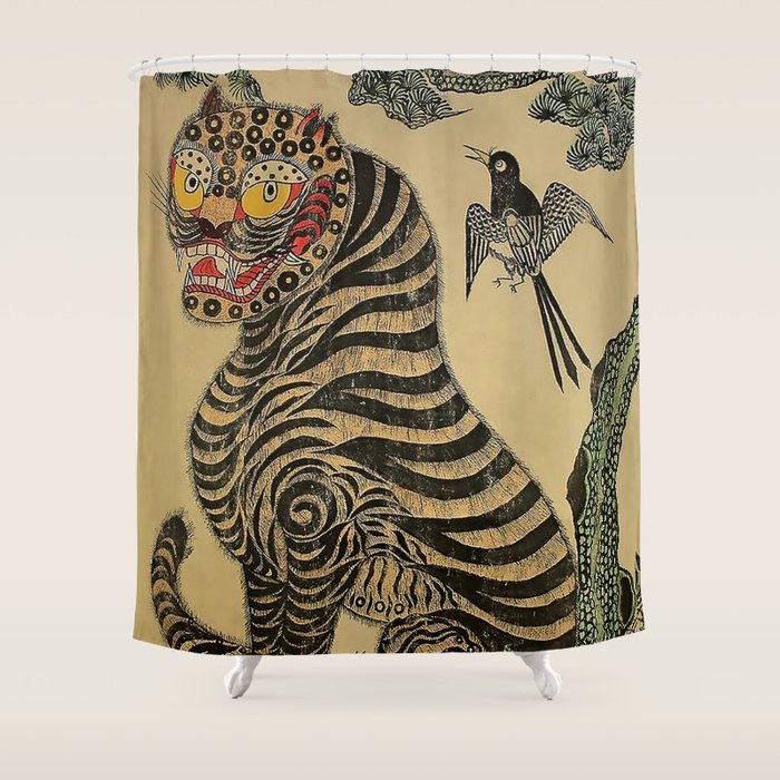 Striped Vintage Minhwa Tiger and Magpie Shower Curtain Gallery Image 1