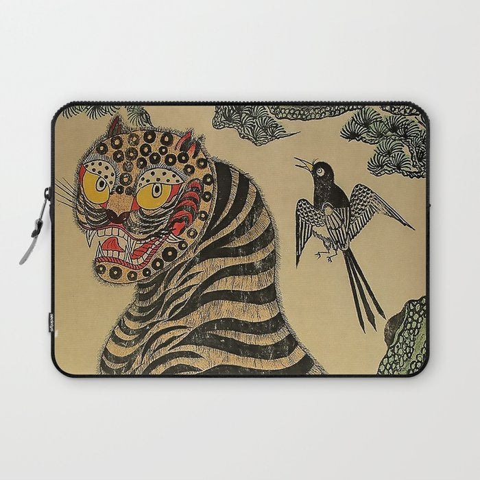 Striped Vintage Minhwa Tiger and Magpie Laptop Sleeve Gallery Image 1
