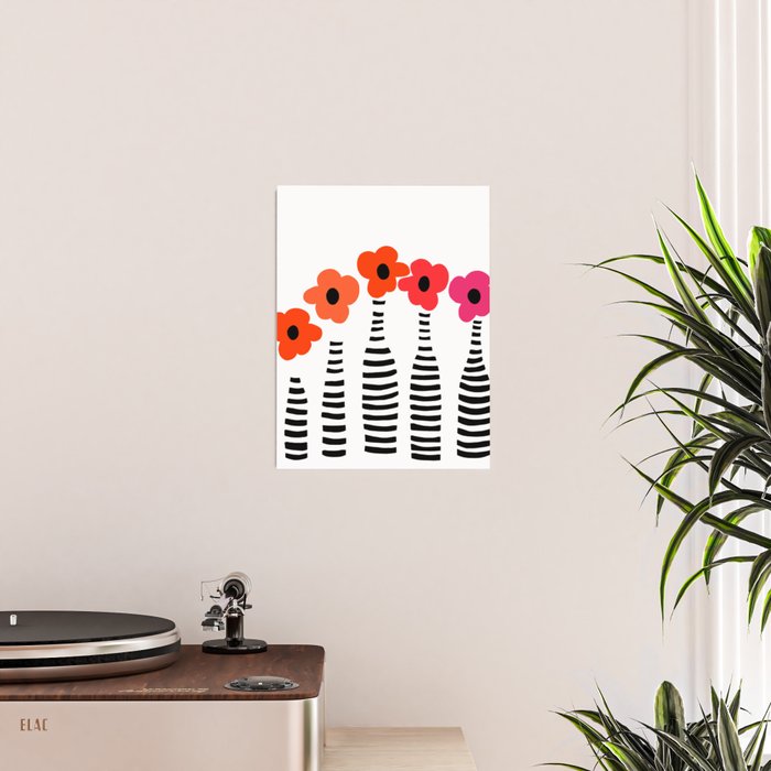 Red Petals Retro Flowers Stripe Bottles White Background #decor #society6 #buyart Poster Gallery Image 2