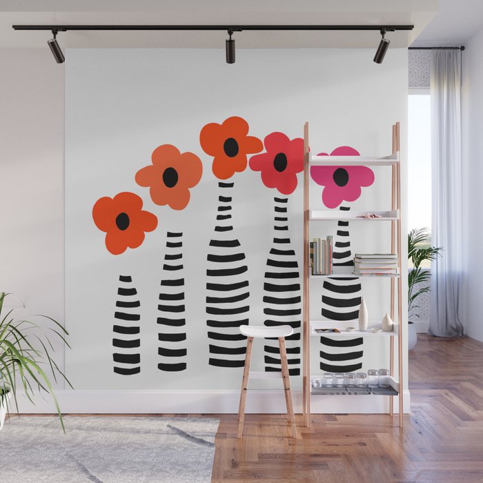 Red Petals Retro Flowers Stripe Bottles White Background #decor #society6 #buyart Wall Mural Gallery Image 1