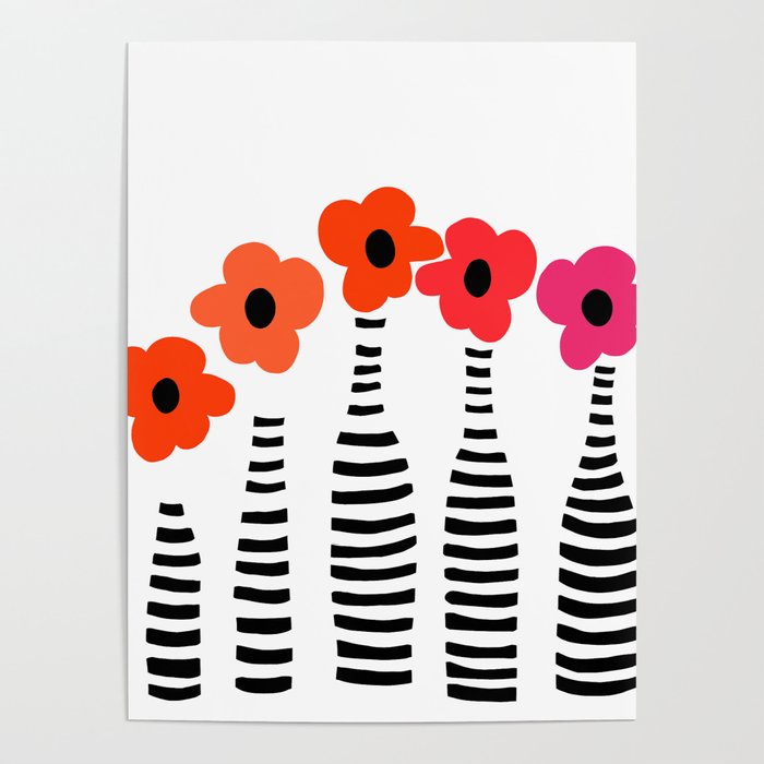 Red Petals Retro Flowers Stripe Bottles White Background #decor #society6 #buyart Poster Gallery Image 1