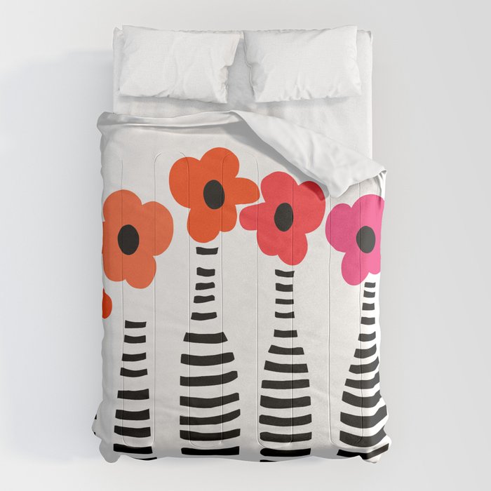 Red Petals Retro Flowers Stripe Bottles White Background #decor #society6 #buyart Comforter Gallery Image 1