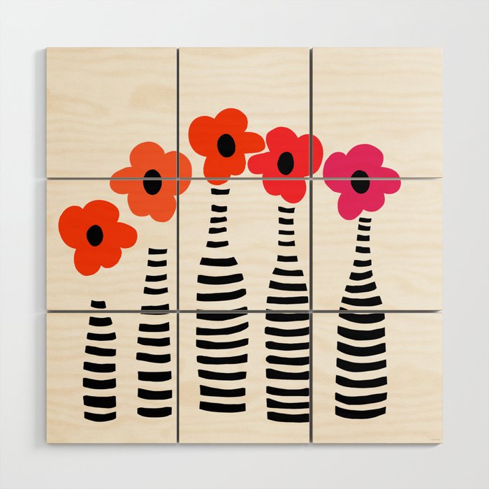 Red Petals Retro Flowers Stripe Bottles White Background #decor #society6 #buyart Wood Wall Art Gallery Image 1
