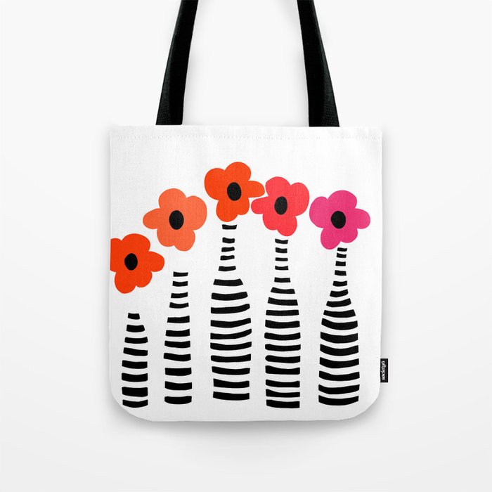 Red Petals Retro Flowers Stripe Bottles White Background #decor #society6 #buyart Tote Bag Gallery Image 1