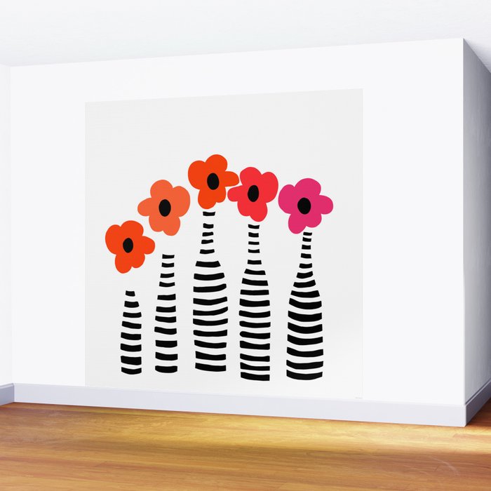 Red Petals Retro Flowers Stripe Bottles White Background #decor #society6 #buyart Wall Mural Gallery Image 2