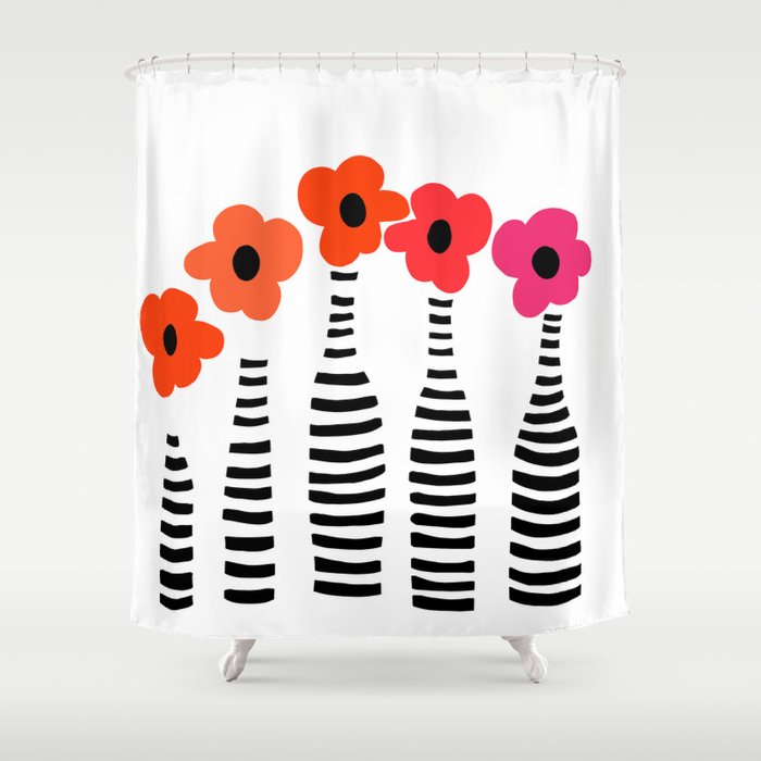 Red Petals Retro Flowers Stripe Bottles White Background #decor #society6 #buyart Shower Curtain Gallery Image 1