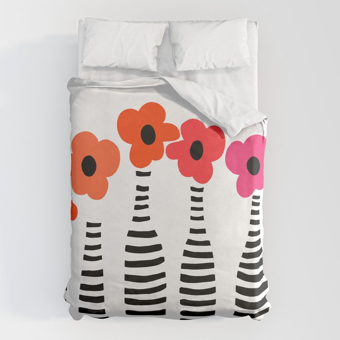 Red Petals Retro Flowers Stripe Bottles White Background #decor #society6 #buyart Duvet Cover Gallery Image 6