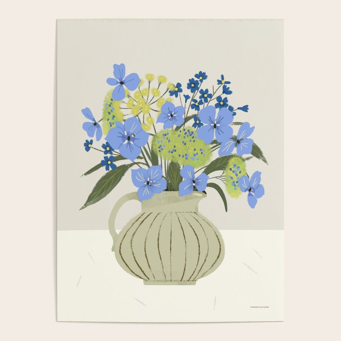 bouquet of bright blue flowers in a vase Poster Gallery Image 1