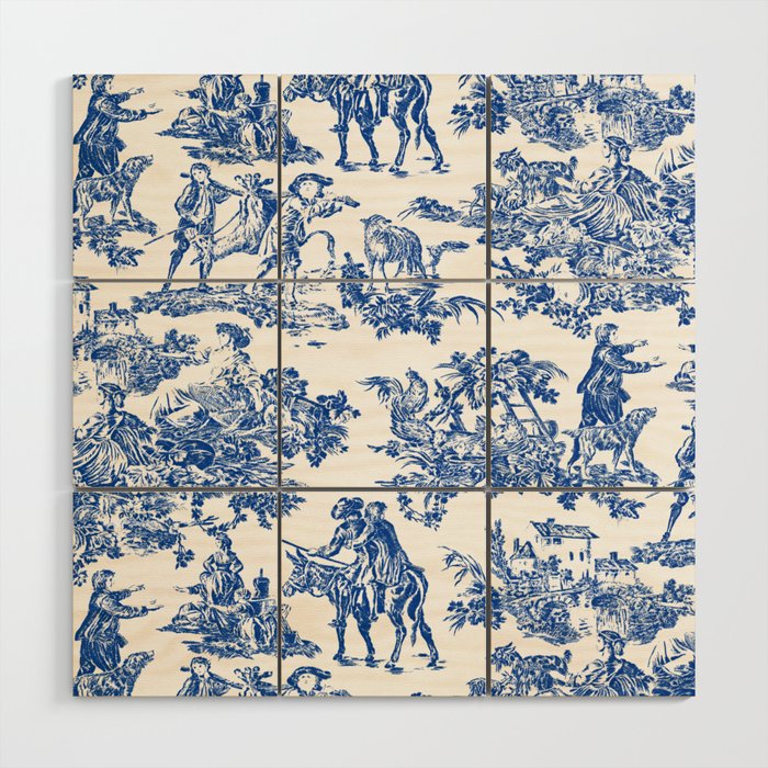 Royal Blue Toile de Jouy Wood Wall Art Gallery Image 1