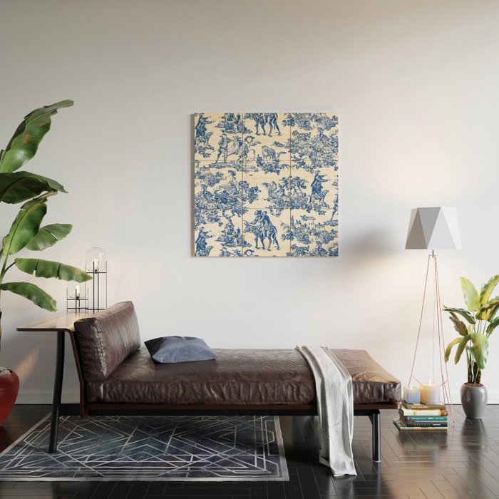 Royal Blue Toile de Jouy Wood Wall Art Gallery Image 2