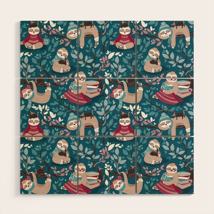 Hygge sloth // turquoise and red Wood Wall Art Gallery Image 1