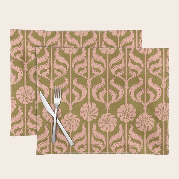 Hand-Drawn Pink And Olive Green Botanical Floral Pattern Placemat Gallery Image 1