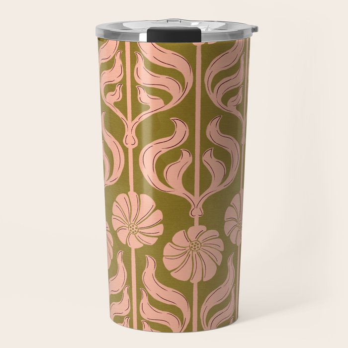 Hand-Drawn Pink And Olive Green Botanical Floral Pattern Travel Mug Gallery Image 1