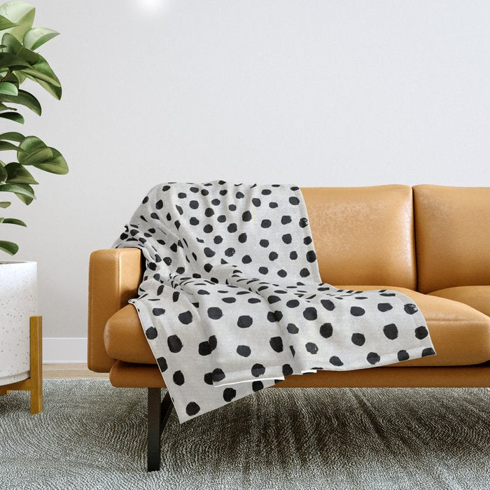 Preppy brushstroke free polka dots black and white spots dots dalmation animal spots design minimal Throw Blanket Gallery Image 1