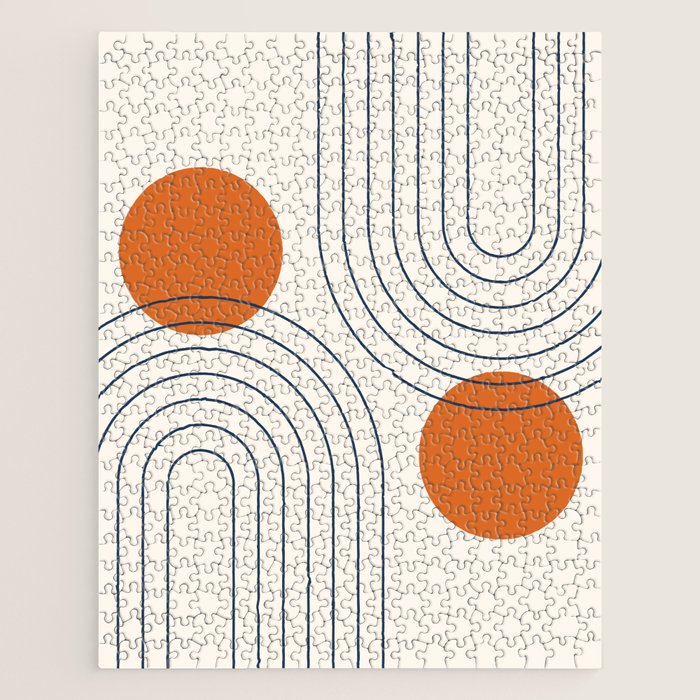 Mid Century Modern Geometric 88 in Navy Blue and Orange (Rainbow and Sun Abstraction) Jigsaw Puzzle Gallery Image 1