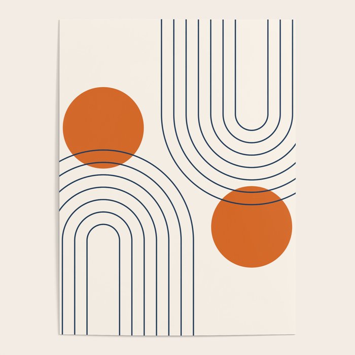 Mid Century Modern Geometric 88 in Navy Blue and Orange (Rainbow and Sun Abstraction) Poster Gallery Image 4