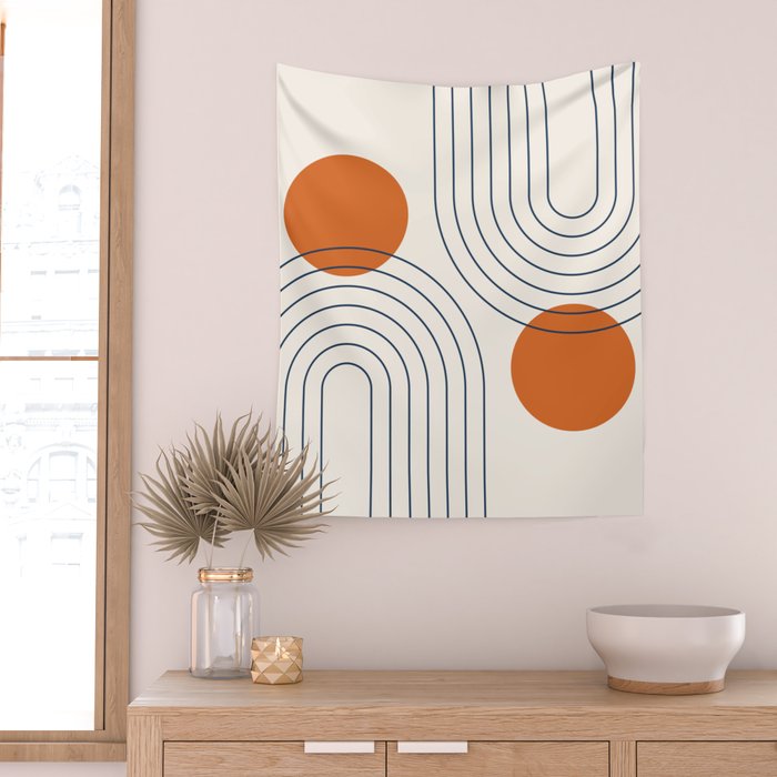Mid Century Modern Geometric 88 in Navy Blue and Orange (Rainbow and Sun Abstraction) Wall Tapestry Gallery Image 2
