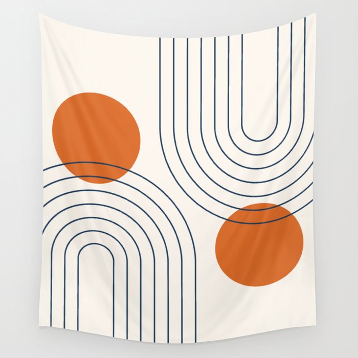 Mid Century Modern Geometric 88 in Navy Blue and Orange (Rainbow and Sun Abstraction) Wall Tapestry Gallery Image 4