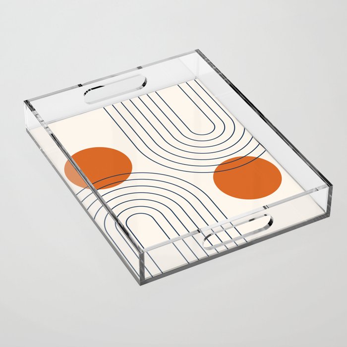 Mid Century Modern Geometric 88 in Navy Blue and Orange (Rainbow and Sun Abstraction) Acrylic Tray Gallery Image 1