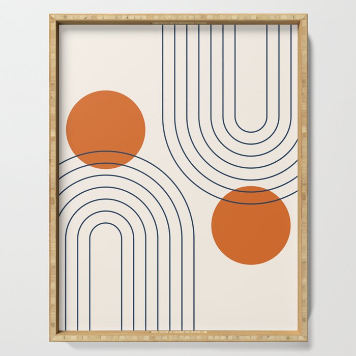 Mid Century Modern Geometric 88 in Navy Blue and Orange (Rainbow and Sun Abstraction) Serving Tray Gallery Image 1