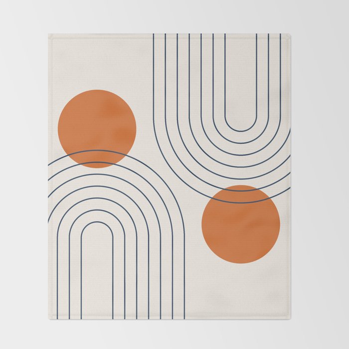 Mid Century Modern Geometric 88 in Navy Blue and Orange (Rainbow and Sun Abstraction) Throw Blanket Gallery Image 2