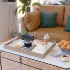 Mid Century Modern Geometric 88 in Navy Blue and Orange (Rainbow and Sun Abstraction) Serving Tray Gallery Image 2