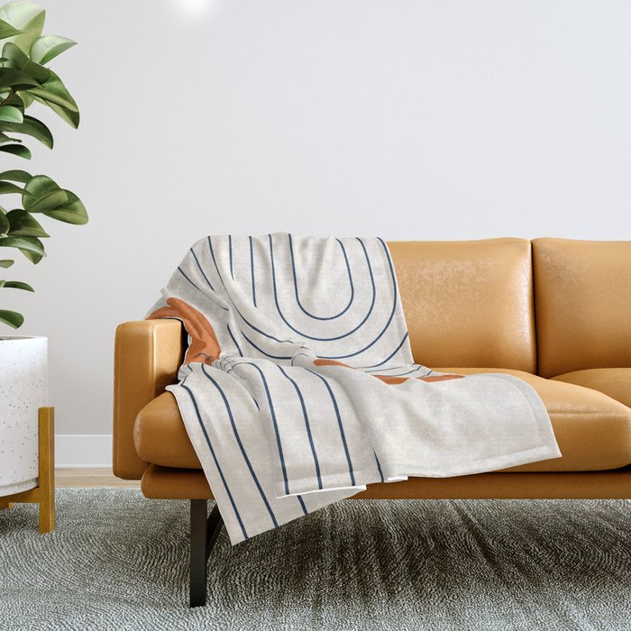 Mid Century Modern Geometric 88 in Navy Blue and Orange (Rainbow and Sun Abstraction) Throw Blanket Gallery Image 1