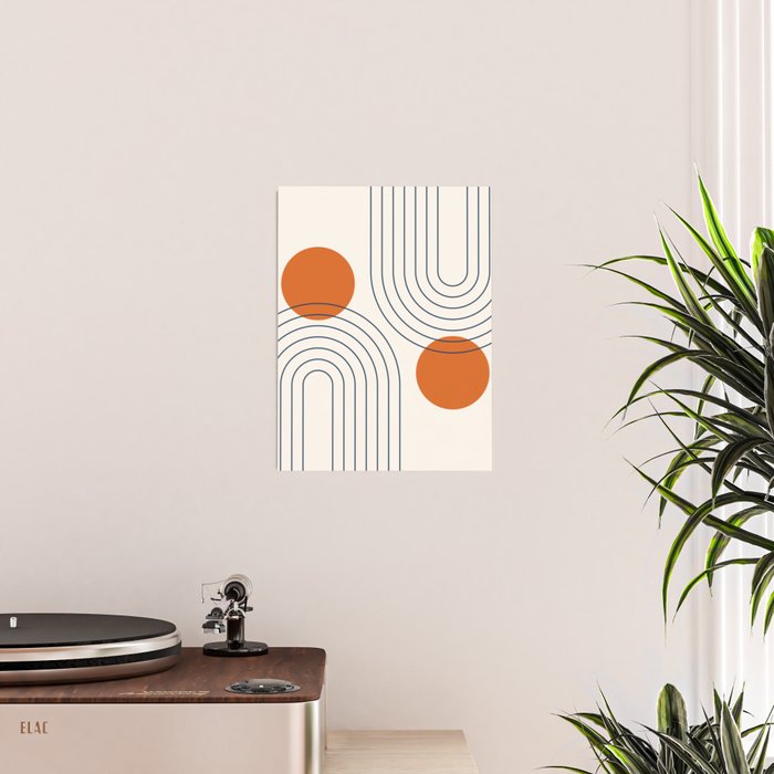 Mid Century Modern Geometric 88 in Navy Blue and Orange (Rainbow and Sun Abstraction) Poster Gallery Image 2