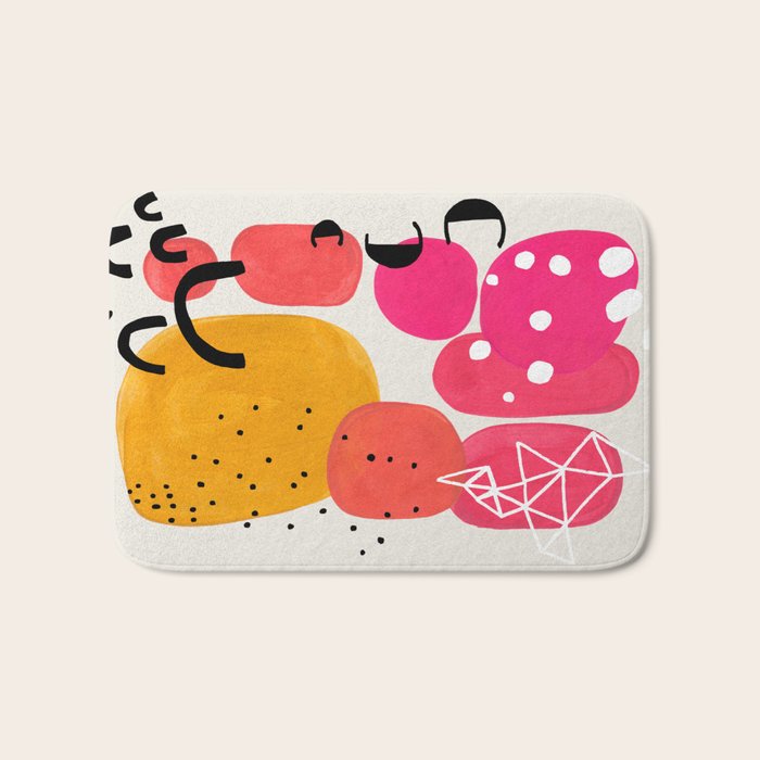 Vintage Fun Minimalist Abstract Colorful Mid century Modern Yellow Magenta Bubbles With Patterns Bath Mat Gallery Image 1