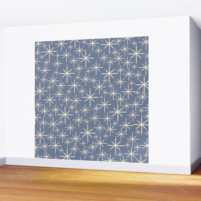 Mid Century Modern Twinkling Stars Retro Atomic Pattern in Stone Blue and Cream Wall Mural Gallery Image 2
