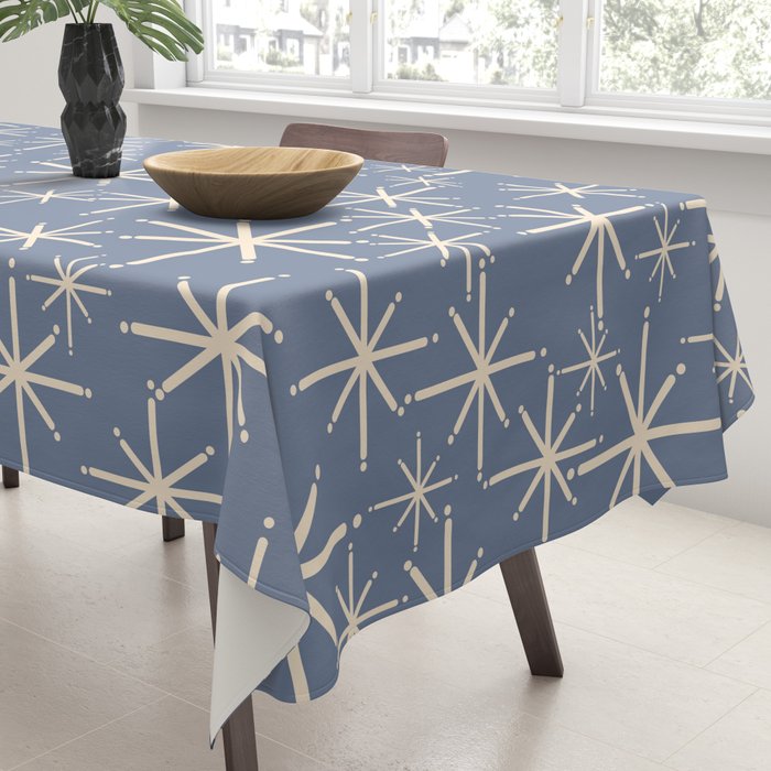 Mid Century Modern Twinkling Stars Retro Atomic Pattern in Stone Blue and Cream Tablecloth Gallery Image 3
