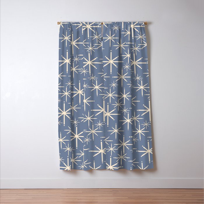 Mid Century Modern Twinkling Stars Retro Atomic Pattern in Stone Blue and Cream Window Curtain Gallery Image 3