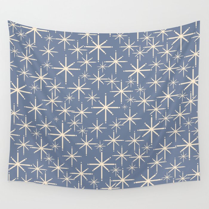 Mid Century Modern Twinkling Stars Retro Atomic Pattern in Stone Blue and Cream Wall Tapestry Gallery Image 4