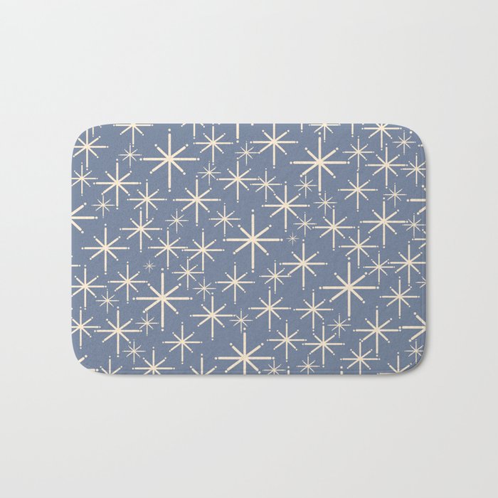 Mid Century Modern Twinkling Stars Retro Atomic Pattern in Stone Blue and Cream Bath Mat Gallery Image 1