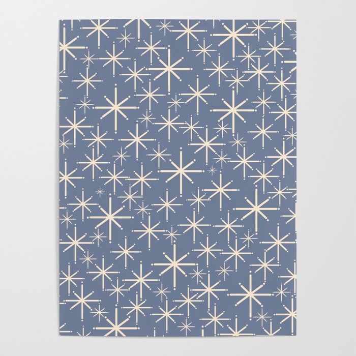 Mid Century Modern Twinkling Stars Retro Atomic Pattern in Stone Blue and Cream Poster Gallery Image 4