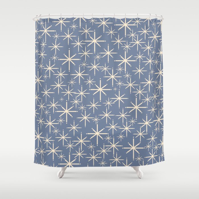 Mid Century Modern Twinkling Stars Retro Atomic Pattern in Stone Blue and Cream Shower Curtain Gallery Image 1