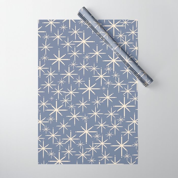 Mid Century Modern Twinkling Stars Retro Atomic Pattern in Stone Blue and Cream Wrapping Paper Gallery Image 1