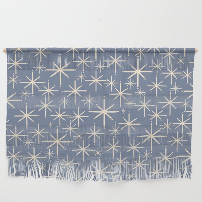 Mid Century Modern Twinkling Stars Retro Atomic Pattern in Stone Blue and Cream Wall Hanging Gallery Image 1