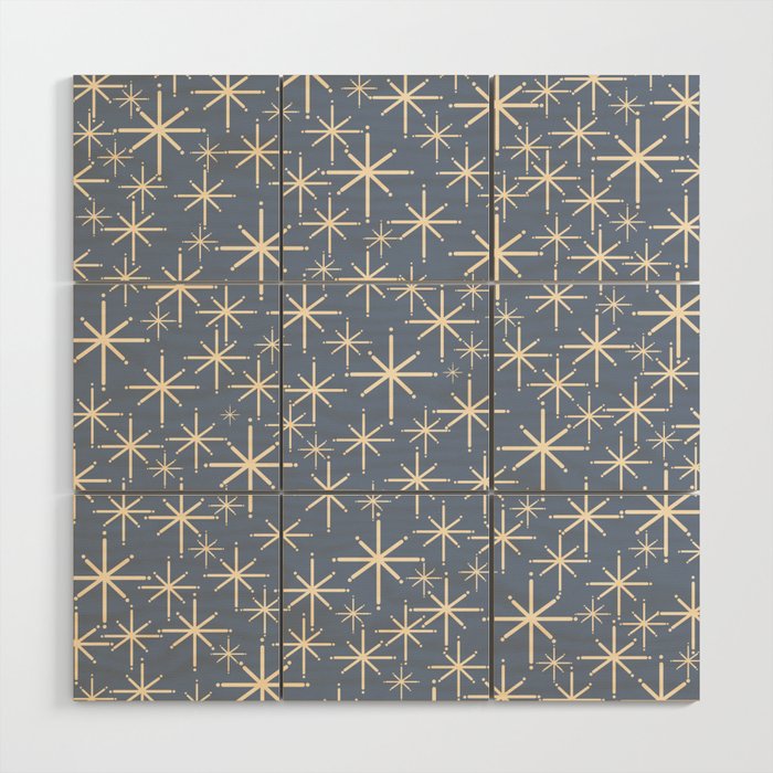Mid Century Modern Twinkling Stars Retro Atomic Pattern in Stone Blue and Cream Wood Wall Art Gallery Image 1