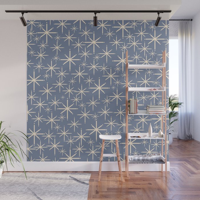 Mid Century Modern Twinkling Stars Retro Atomic Pattern in Stone Blue and Cream Wall Mural Gallery Image 1