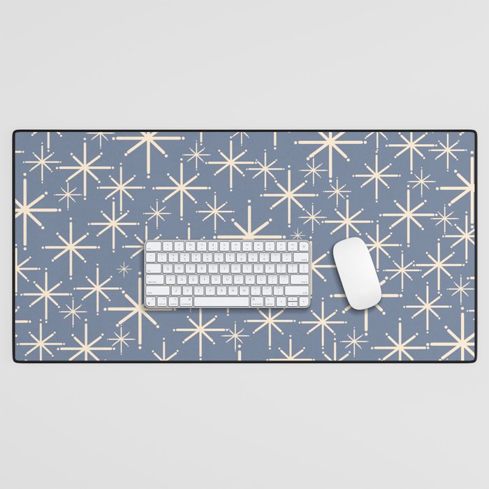 Mid Century Modern Twinkling Stars Retro Atomic Pattern in Stone Blue and Cream Desk Mat Gallery Image 1