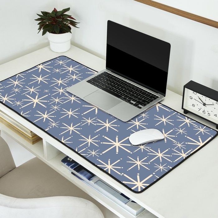 Mid Century Modern Twinkling Stars Retro Atomic Pattern in Stone Blue and Cream Desk Mat Gallery Image 2