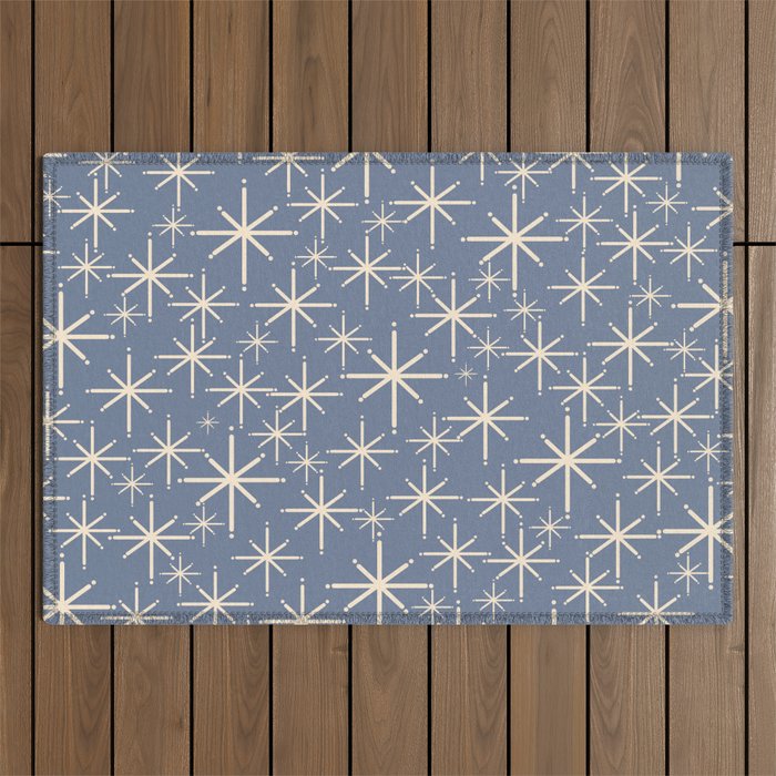 Mid Century Modern Twinkling Stars Retro Atomic Pattern in Stone Blue and Cream Outdoor Rug Gallery Image 1