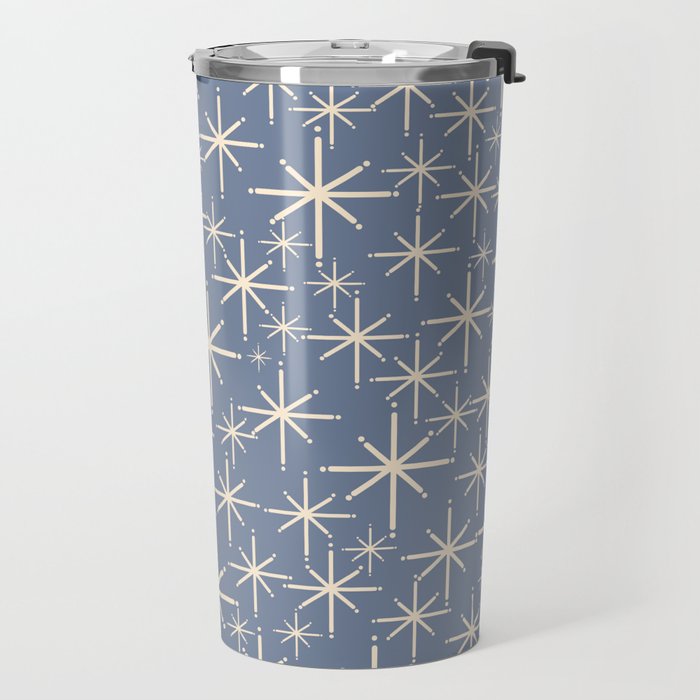 Mid Century Modern Twinkling Stars Retro Atomic Pattern in Stone Blue and Cream Travel Mug Gallery Image 2