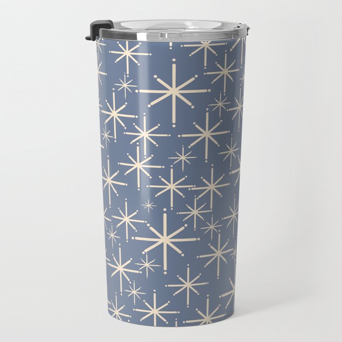Mid Century Modern Twinkling Stars Retro Atomic Pattern in Stone Blue and Cream Travel Mug Gallery Image 3